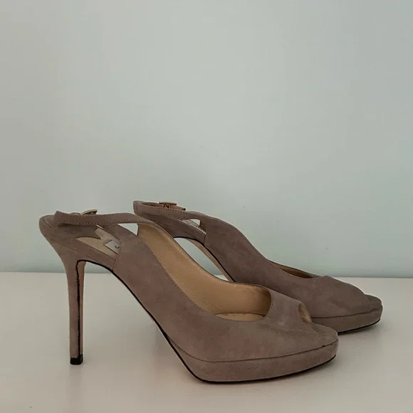 Like new Jimmy Choo Taupe Suede Slingback Peep-Toe Heels - Picture 2 of 8
